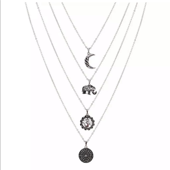 Boho Necklace Silver Chain Elephant Sun Moon Fower - Picture 3 of 6
